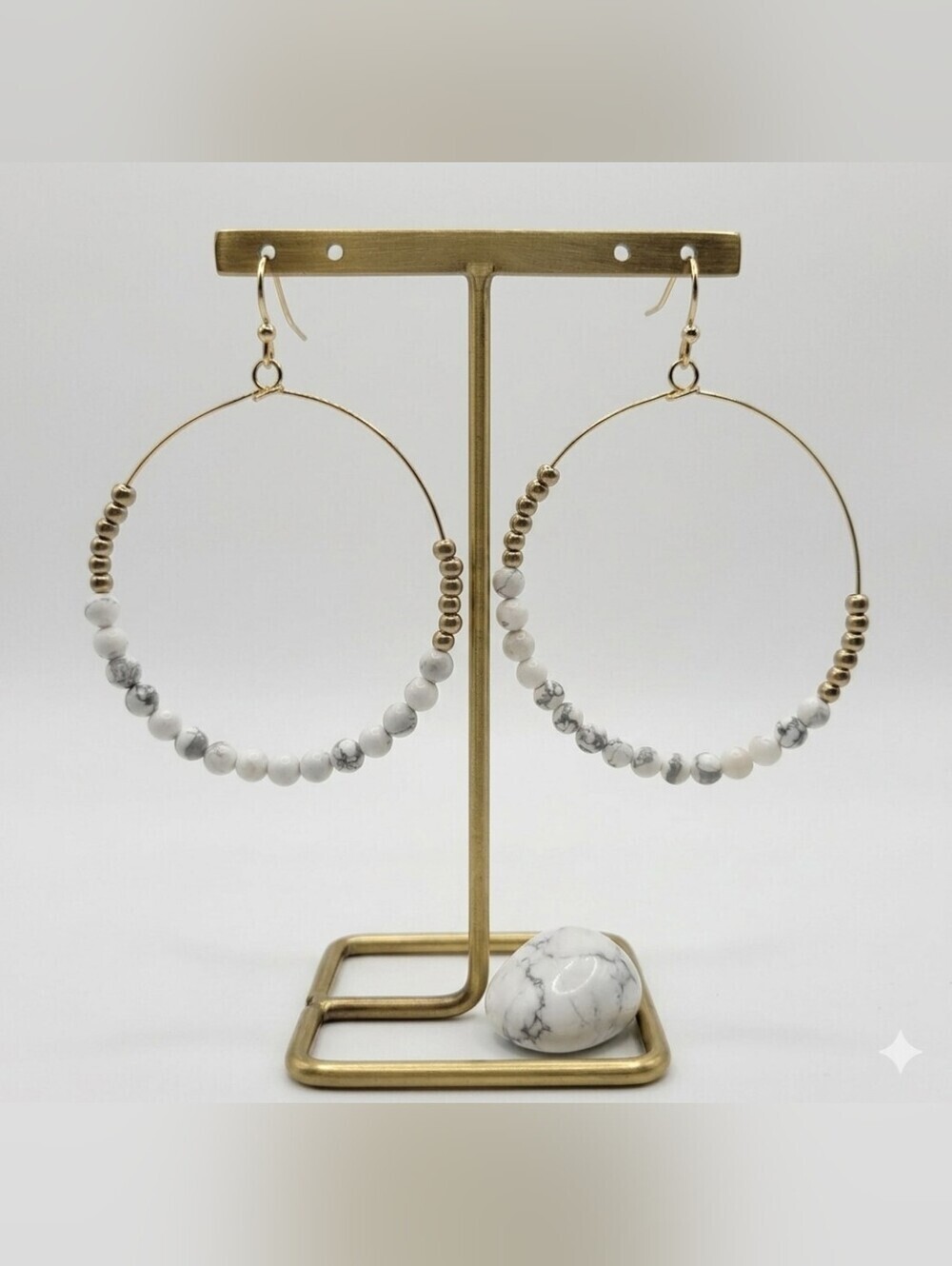 New Beaded Circle Hoop Earrings 1.75" White Howlite Natural Stone Gold Plated